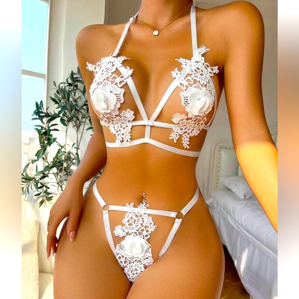 Sexy white crochet lingerie set
